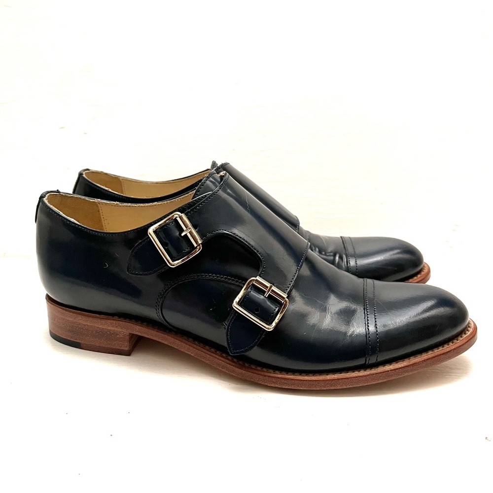 Navy Leather Double Monk Strap Loafers